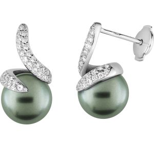 Boucles d'oreilles clou perle de culture de Tahiti diamant GH-SI en or