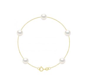 Bracelet 5 Perles de Culture d'Eau Douce Rondes  Chaîne Forçat Diamantée Petit Modèle Or 375 Millièmes