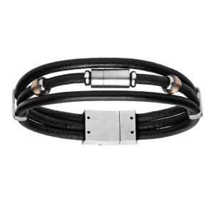 Bracelet Acier Et Cuir Noir Bovin 3 Rangs 21,5cm