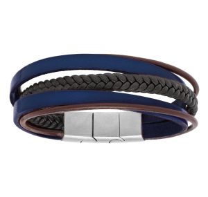 Bracelet Acier Et Cuir Bleu Marine, Marron Et Tresse Noir 20+1cm Reglable Double Fermoir