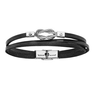 Bracelet Acier Et Cuir Bovin Noir 3 Rangs Noeud Marin Cable Gris 20cm Reglable